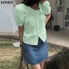 VONDA Wemen Casual Round Neck Puff Sleeve Embroidery Hem Buttons Blouse