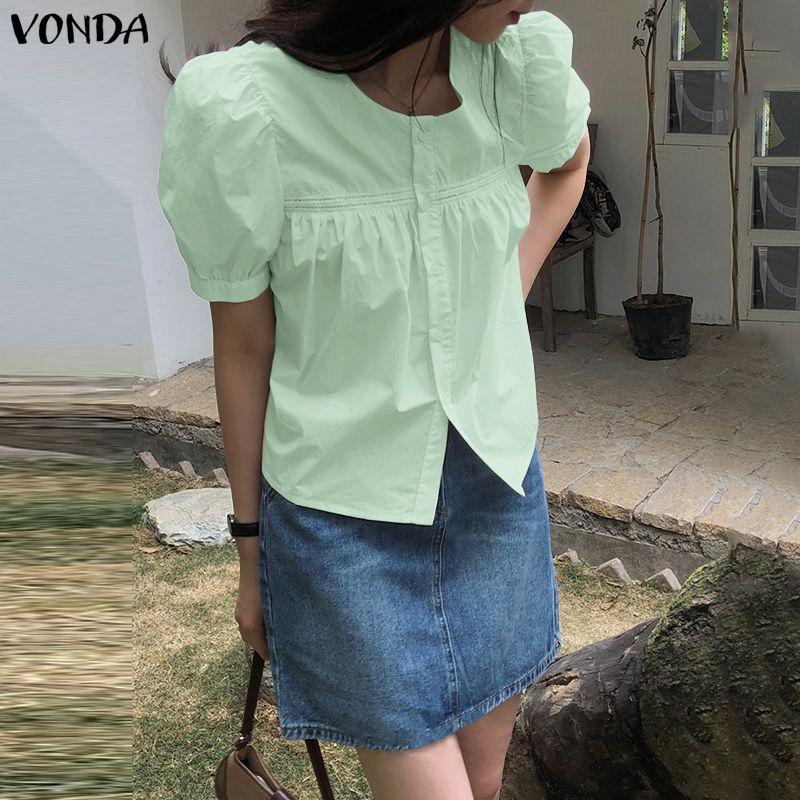 VONDA Wemen Casual Round Neck Puff Sleeve Embroidery Hem Buttons Blouse