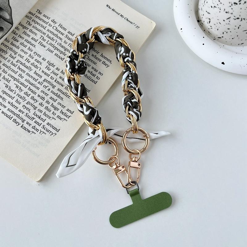 Stylish Silk Scarf Phone Lanyard Strap Hanging Chain Ring Cord With Patch Wrist Strap Phone Holder Detachable Rope