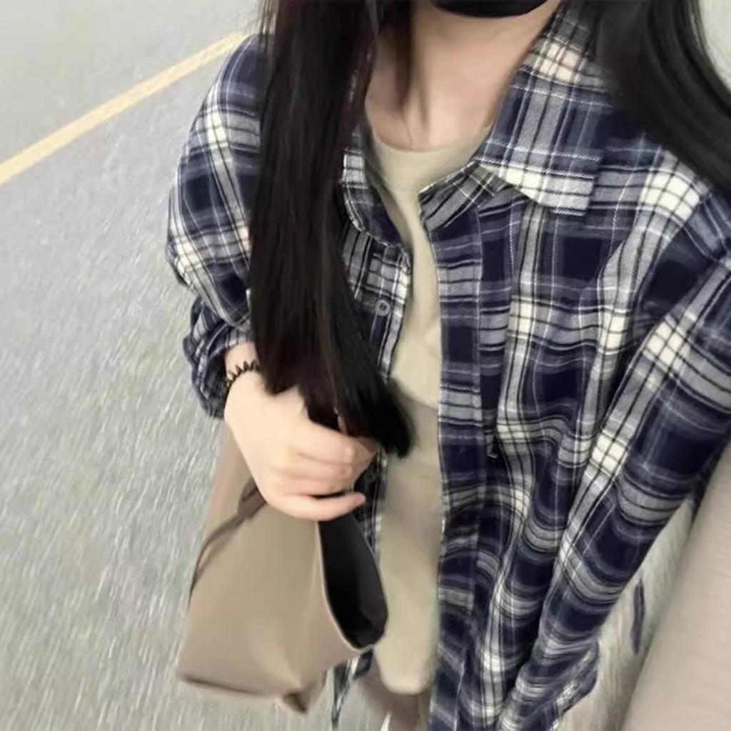 Women Vintage Plaid Long Sleeve Shirt Loose Lazy Style Oversized Shirt Cardigan Jacket Spring Autumn Casual College Blouse Wholesale Factory Supply