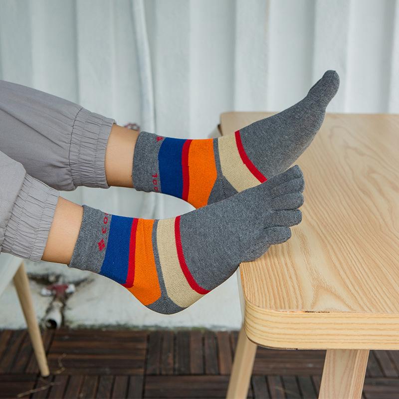Men's Cotton Five-Toe Socks: Mid-Calf, High-Waist, All-Season, Medium Thickness, Wide Stripes, Sweat-Absorbent, Seamless.