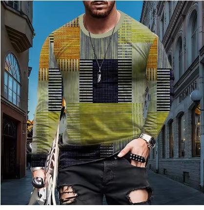 Men s 3D Printed Novel Geometric T-Shirt Color Block Pattern TEES Casual Long Sleeve Loose T-Shirt XXS