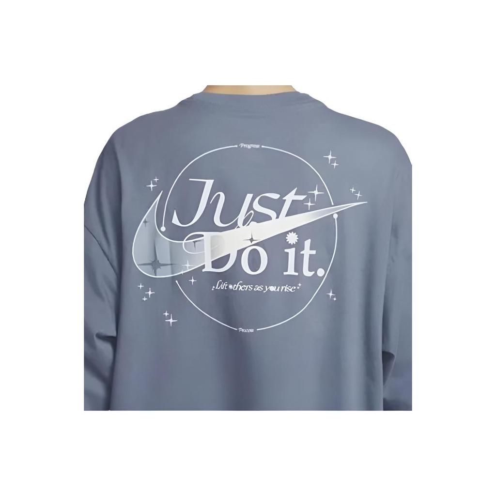 Nike Solid Color Logo Print Letter Round Neck Loose Long Sleeve T-Shirt Women Tops Finn-Blue DX7935-425