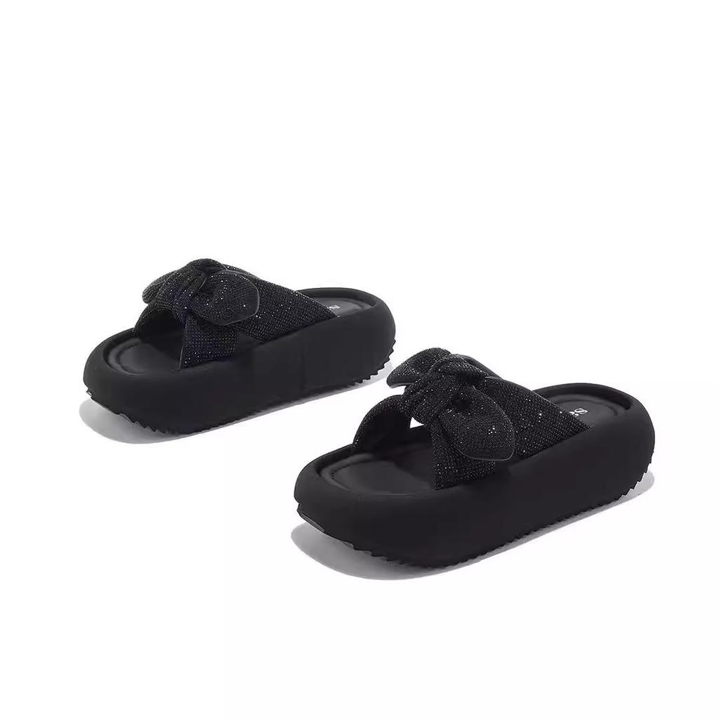 Rhinestone bow one-word drag women's summer new wear versatile sandals thick-bottomed beach slippers