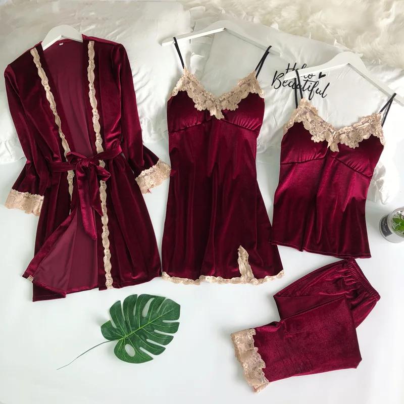 

Женская сексуальная кружевная пижама из 4 предметов, пижамный костюм, теплая велюровая ночная рубашка, свободный топ и брюки, повседневная домашняя одежда, одежда для отдыха XL
