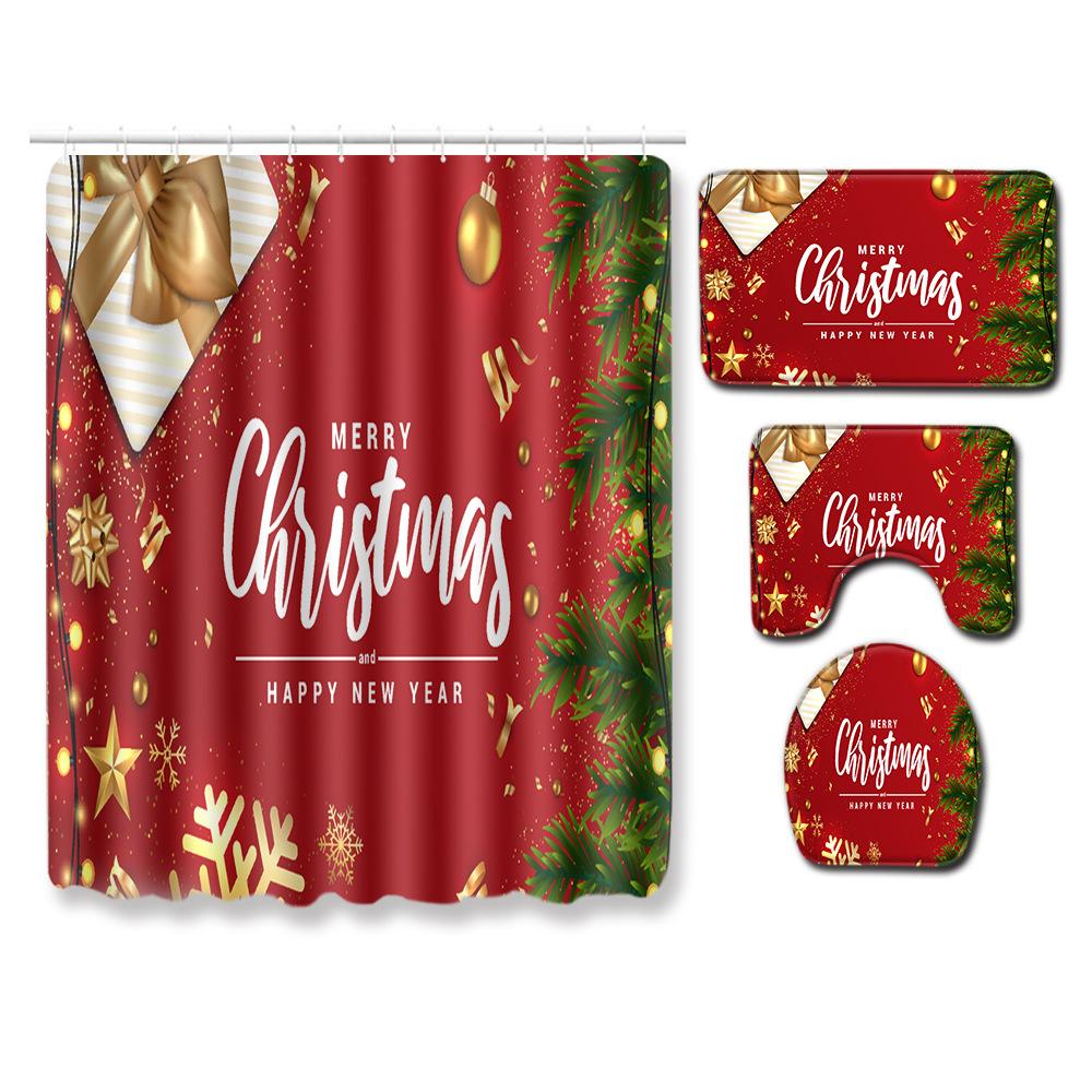 Christmas Shower Curtain Floor Mat Combination Four-Piece Set Bathroom Toilet Non-Slip Carpet Shower Room Absorbent Door Mat