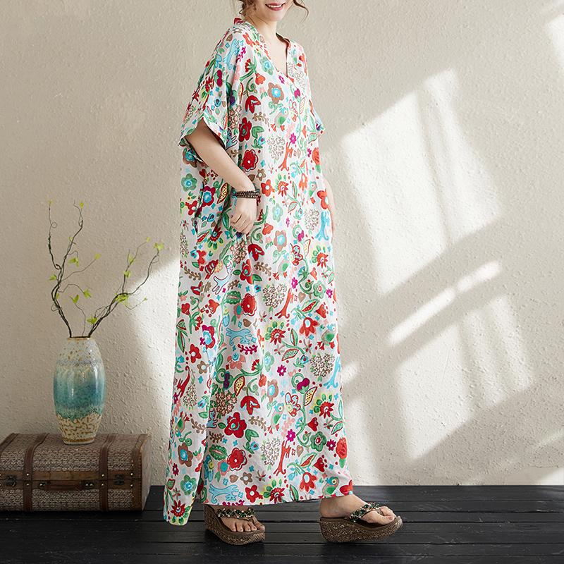 DIMANAF Women 2025 Summer Plus Size Casual Dress Basic Loose Vintage Long Dress Maxi Floral Linen New