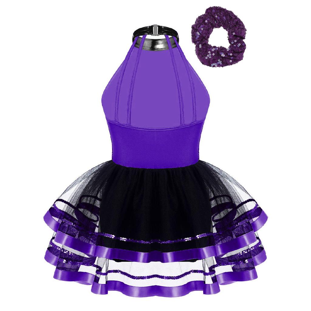 Girls Dance Costume Halter Sleeveless Backless Sparkling Sequins Tutu Dress Performance Outfit Hair Accessory