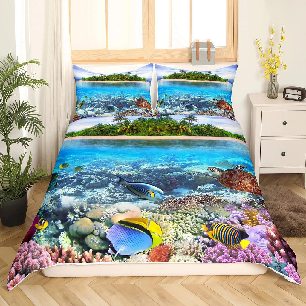 Fisch Bettwäsche-Set Ozean Bettwäsche-Sets 3D Gedrucktes Unterwasserwelt mit Hai Delfin Korallenriff Muster Bettbezug-Set