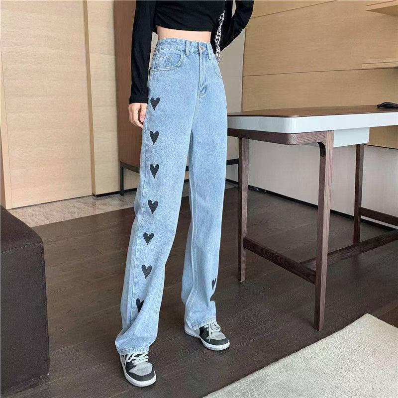 Hong Kong Style Women's Love Heart High Waist Straight Leg Jeans - Chic Loose, Wide-Leg, Drapey, Floor-Length, Slimming.