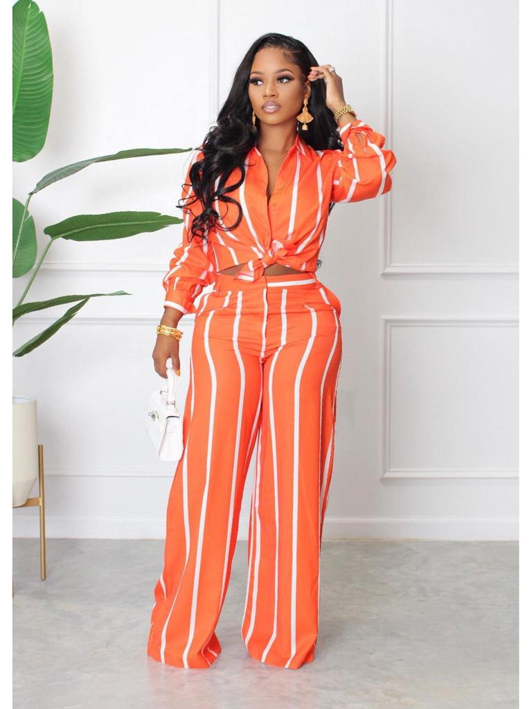 European & American Women's Striped Two-Piece Set: Long Sleeve Shirt & Pants