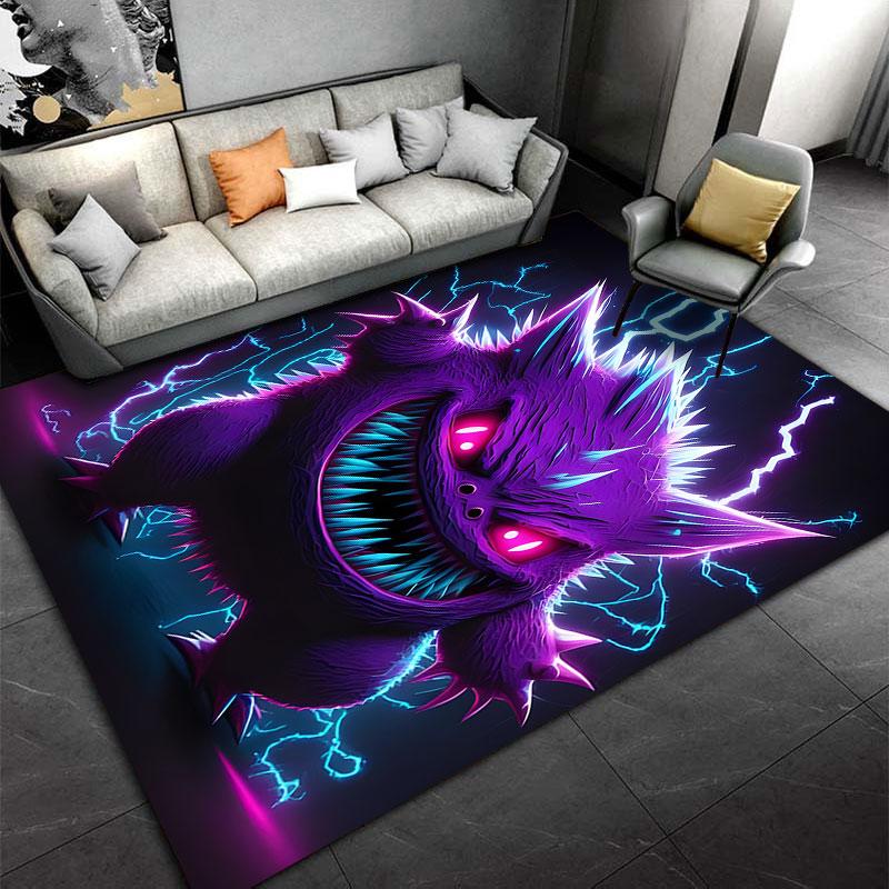 Gengar Spiky Fur Electric Monster with Blue Lightning Area Rug, Neon Purple Spooky Anime Style Design, Cozy Fan Carpet Decor and All Seasons Gift
