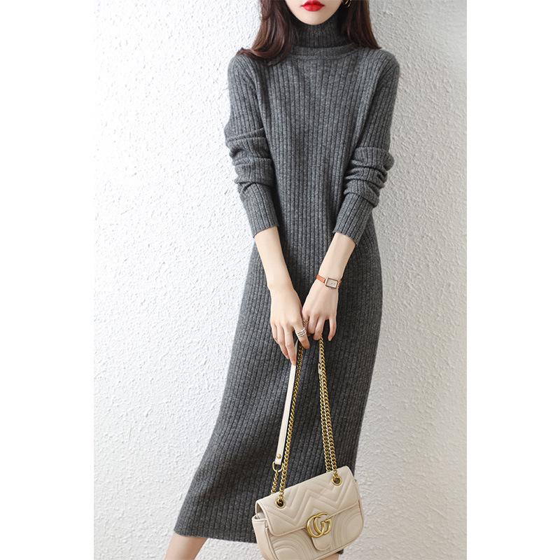 2022 Women’s High-Neck Ribbed Wool Knit Dress - Slimming Over-the-Knee Base Layer