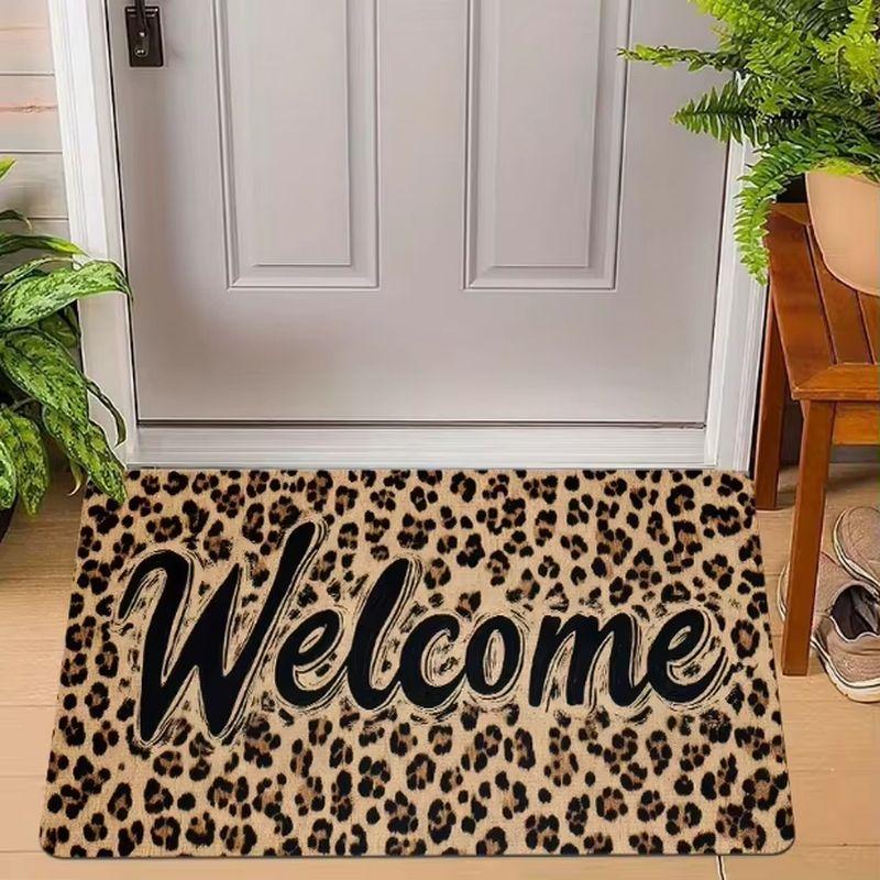 Leopard Print Welcome Entrance Doormat Non Slip Durable Floor Mat For Entryway Front Door Home Decor