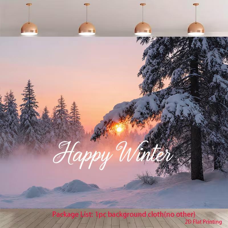 

2D Snow Pine Forest Sunset Backdrop 2D Happy Winter Photo Background for Themed Shoot 47.2x31.5inch/120*80cm