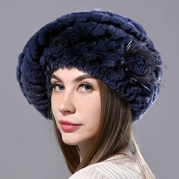 Women's Berets Natural Rex Rabbit Fur Hats Knitted Ladies Winter Warm 100% Real Fur Hats
