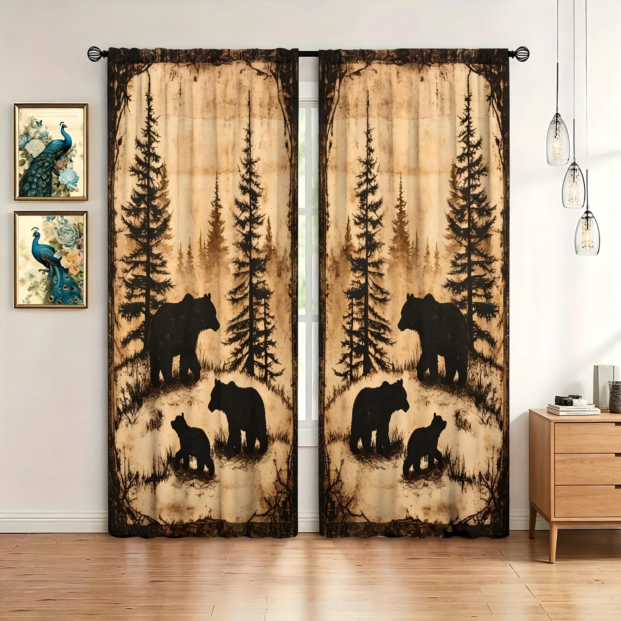 2-Piece Rod Pocket Curtains, Polyester Blackout/Light-Filtering Curtains, Vintage Bear and Pine Tree Print Blackout Curtains 60×150cm(23.6×59in)