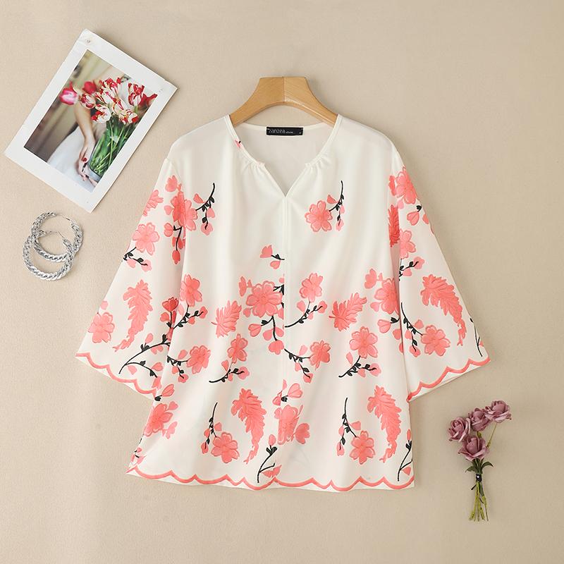 ZANZEA Women Casual V-Neck 3/4 Sleeve Loose Floral Print Blouse