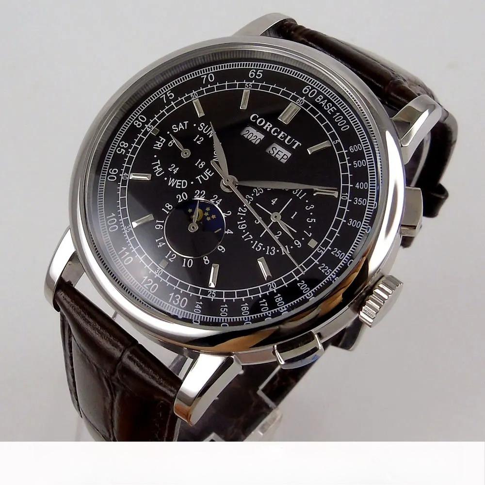 CORGEUT Montre Automatique 42MM ST1655 Bracelet Cuir 316L Boîtier Poli Montre Homme Affichage Jour Nuit