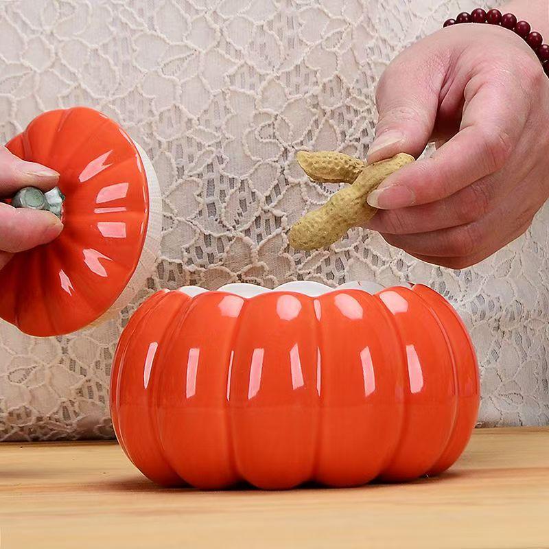 Household Creative Pumpkin Ceramic Tea Jar Moisture Storage Can Personalized Small Sealed Snack Can Simulated Vegetable Jar