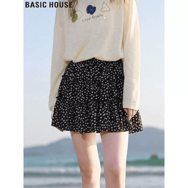 Basic House Women s Black Floral High-Waist A-Line Skirt S