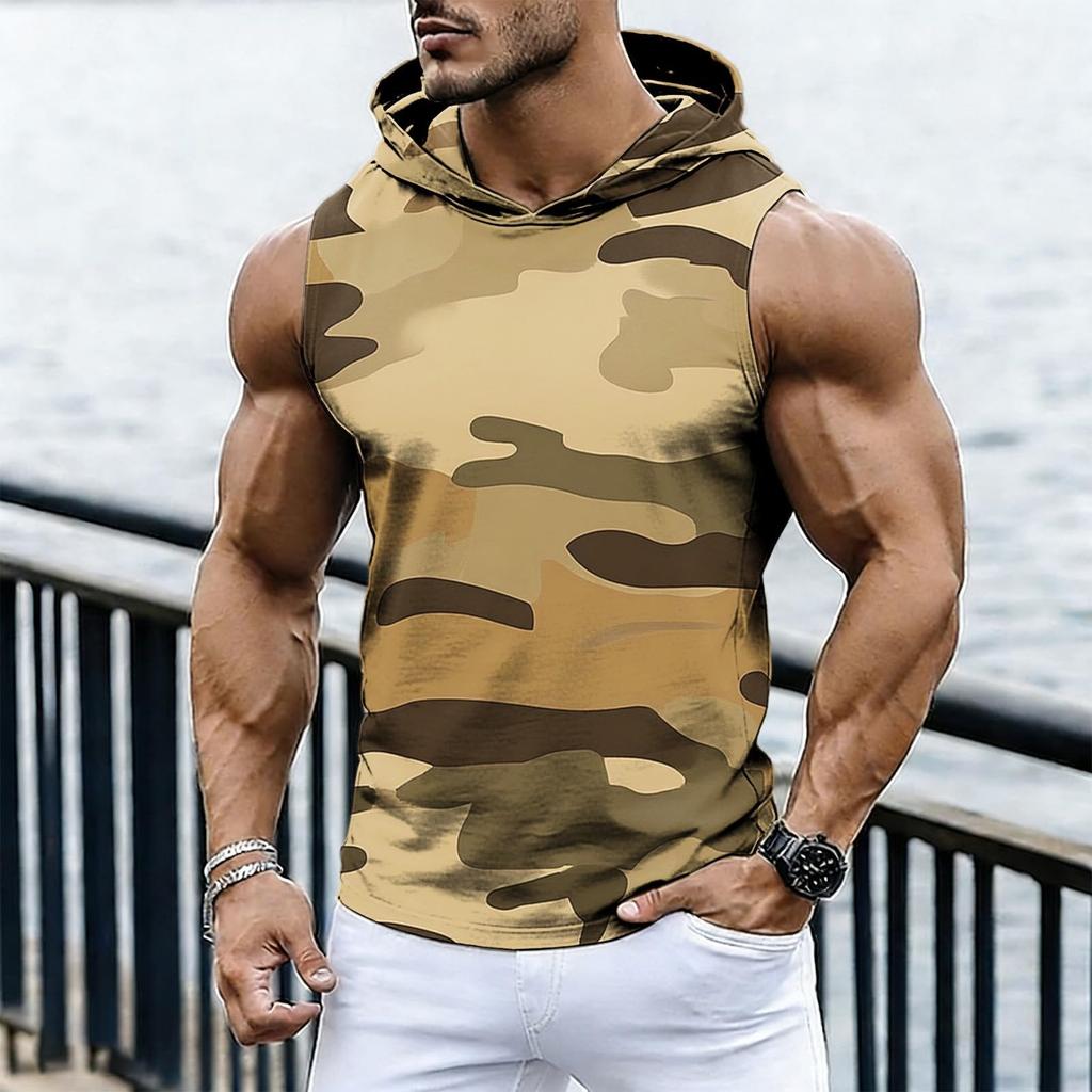 Men's Casual Fashion Printed Sleeveless Hooded Tops | Lightweight Summer Hooded Tank Tops