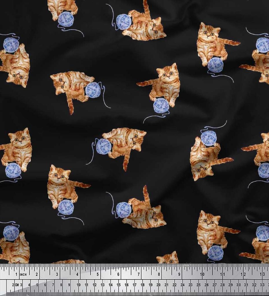 Soimoi Japan Crepe Satin Fabric Wool & Cat Animal Print Fabric by the Metre 42 Inch