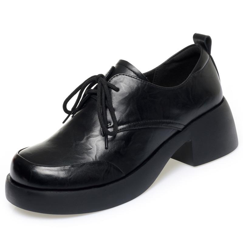 Neue Damen Echtleder Chunky Heel Schnür-Loafer - Britischer Stil, Runde Zehenpartie, Weiche Sohle, Rutschfest, Vielseitig für Frühling/Herbst