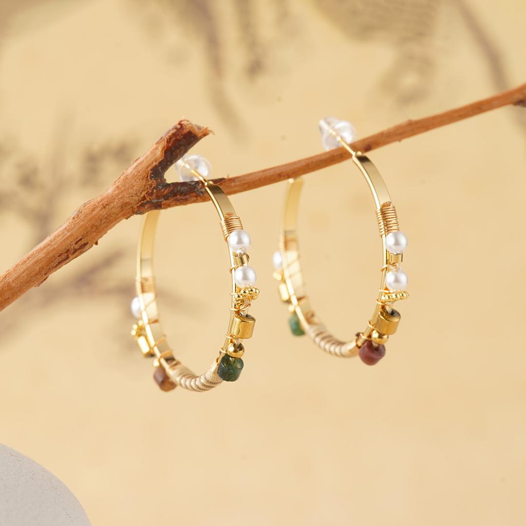 Autumn and winter geometric Maillard natural tiger's eye stone temperament beaded earrings retro style earrings high-end stud earrings