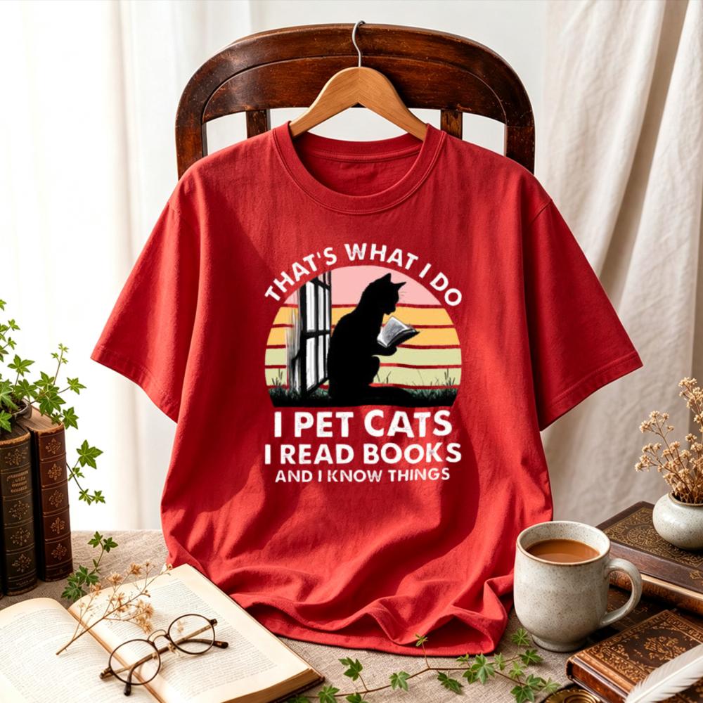 Thats What I Do Pet Cats Read Books and I Know Things TShirt Retro Sunset Reading Cat Silhouette Graphic Tee Bookworm Tops