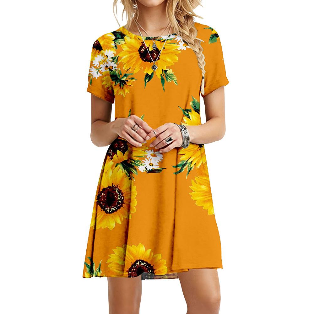 Dresses For Summer New Women Boho Sunflower Print Dress Casual O-Neck Short Sleeve Loose Ladies Dress