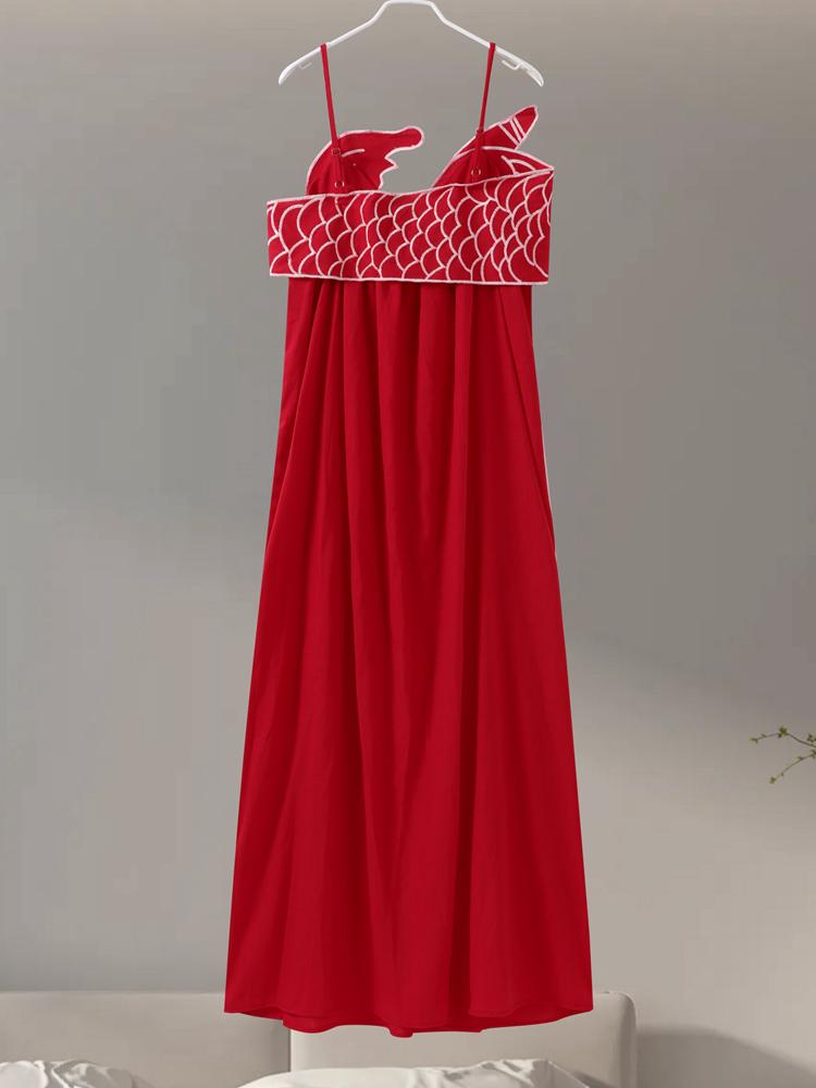 Красная вышивка в форме рыбы Женские платья свободный бретель без рукавов спинки — фото 13
