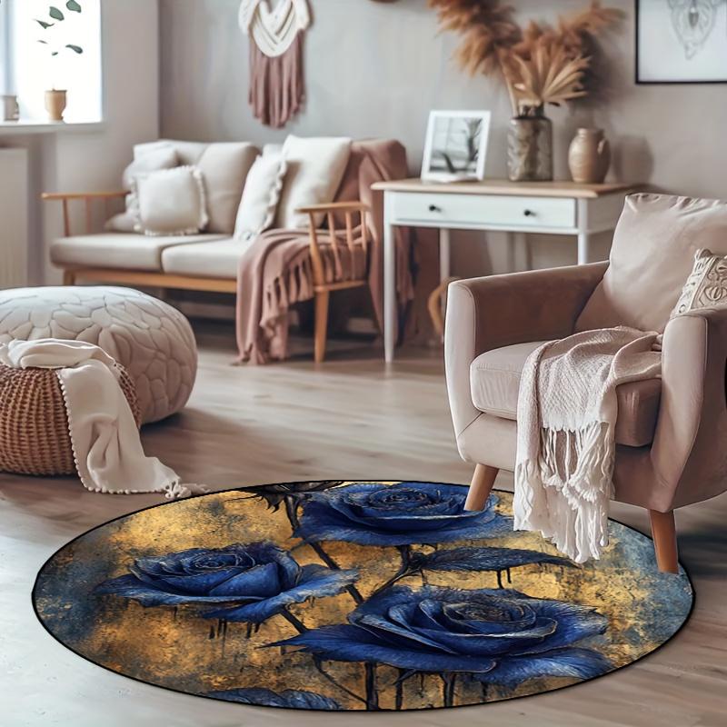 Luxury  Navy Golden  flower Pattern Round Shape Floor Mats Kitchen Hallway Runner Rug Bedroom Living Room Soft Carpet Non-slip Area Rug
