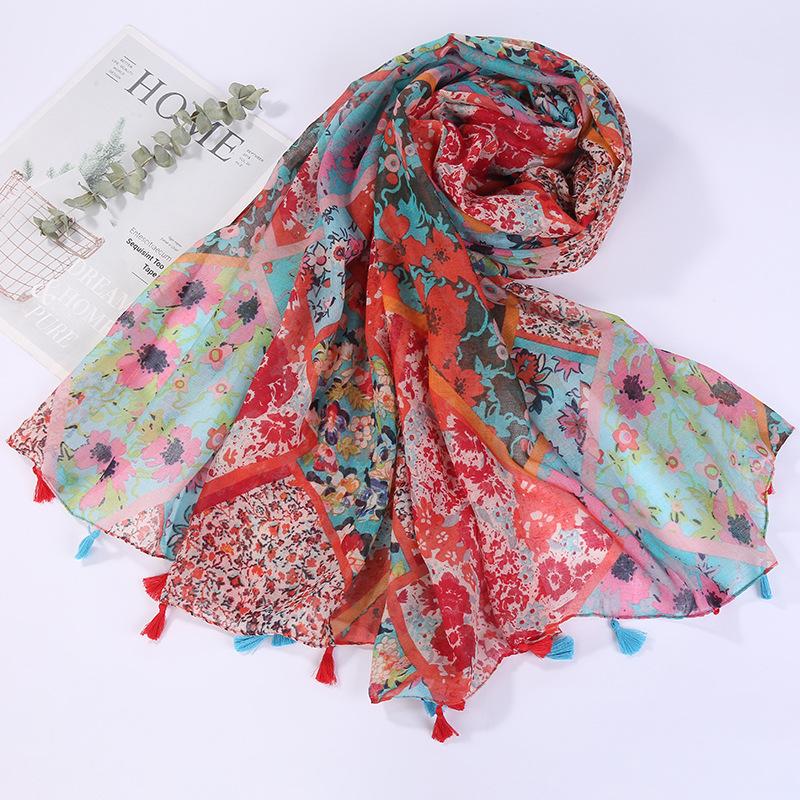 Sciarpa Boho da donna, leggera, con stampa floreale, scialle con frange, moda autunno inverno