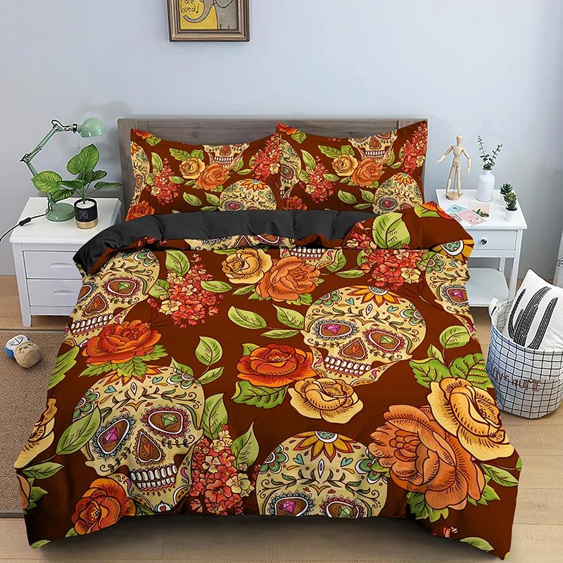 Sugar Skull King Queen Duvet Cover Vintage Skeleton Girl Gothic Day of The Dead Bedding Set Halloween Rose Polyester Quilt Cover