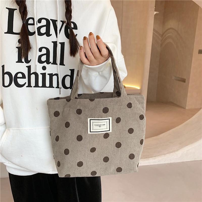 Vintage Corduroy Polka Dot Tote Bag For Women Soft Handle Cute Lunch Bag
