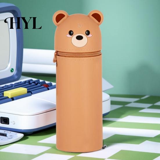 Rotating Pen Holder Pencil Case Desktop Stand Up Cartoon Animal Design School Pouch Silicone Storage Bag for Home Office Supplies Retractable