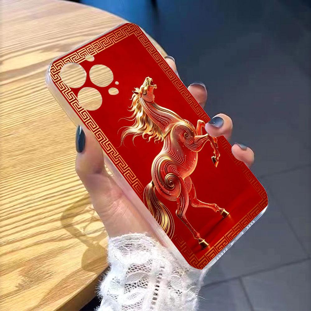 Golden Horse on Red Background lucency Phone Case for IPhone 14 15 16 13 12 11 17 Pro Max 12 13 Mini Soft Cover