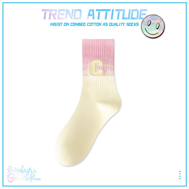 5 Pairs of Female Autumn and Winter Cotton Trend Embroidery Gradient Color All Match Sports Tube Socks