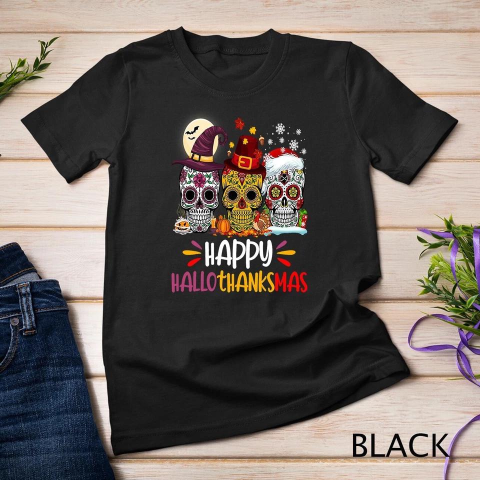 Hallothankmas Halloween Thanksgiving Christmas Sugar Skull Unisex T-shirt 2 M