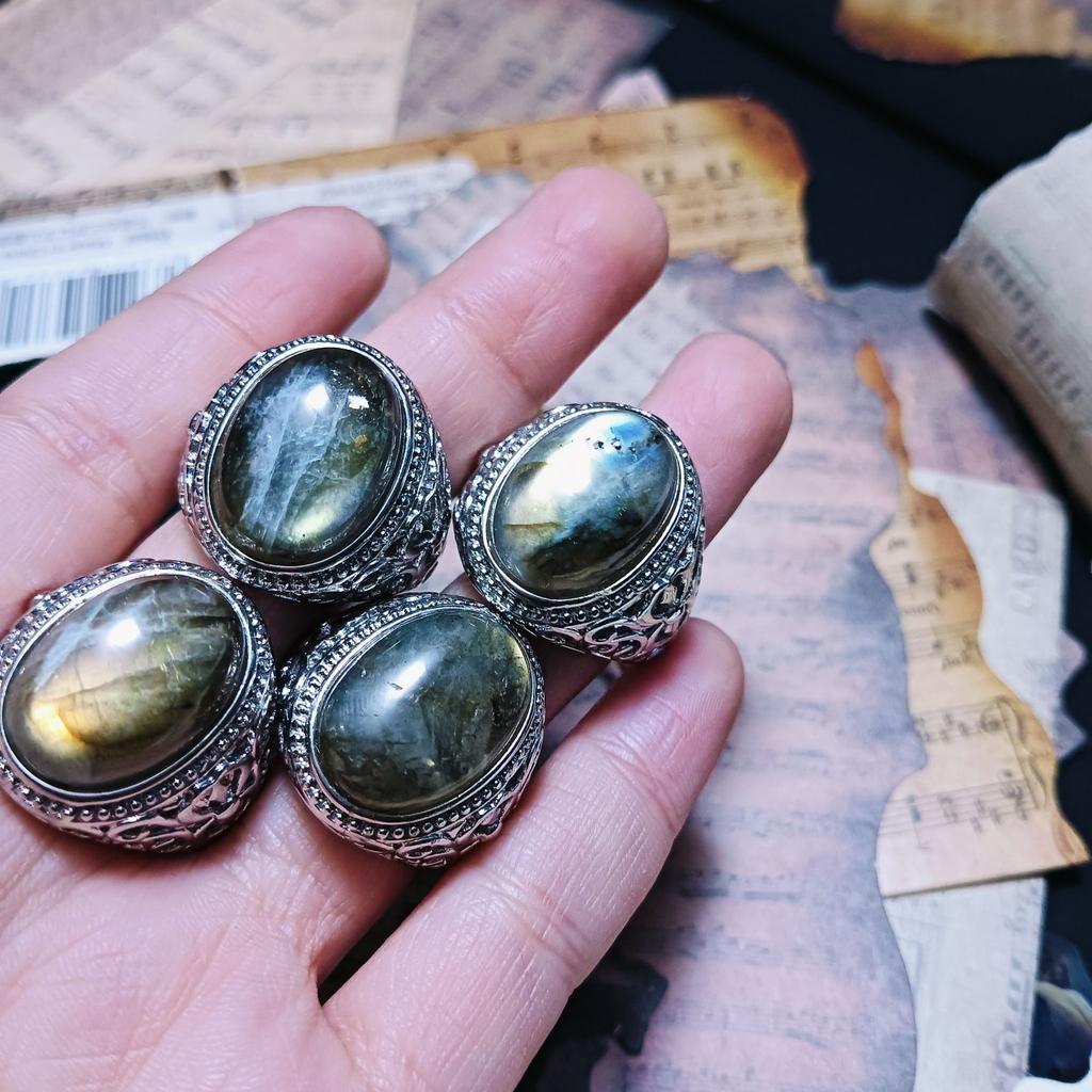 Moonstone Ring Men's Inlaid Stainless Stone Pattern Finger Ring Handmade Retro Couple Style Valentine's Day Gift