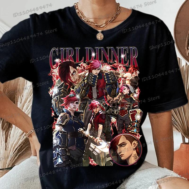 Vi Arcane League of Legends Classic Tops Men Women Anime Apparel Cotton T-shirt Vi Arcane Girl Dinner Street Style Shirt Clothes
