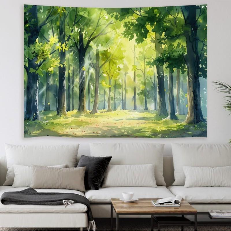 Watercolor Green Forest Tapestry Polyester Wall Hanging Aesthetic Nature Tapestry for Bedroom Room Decoration 100X70CM