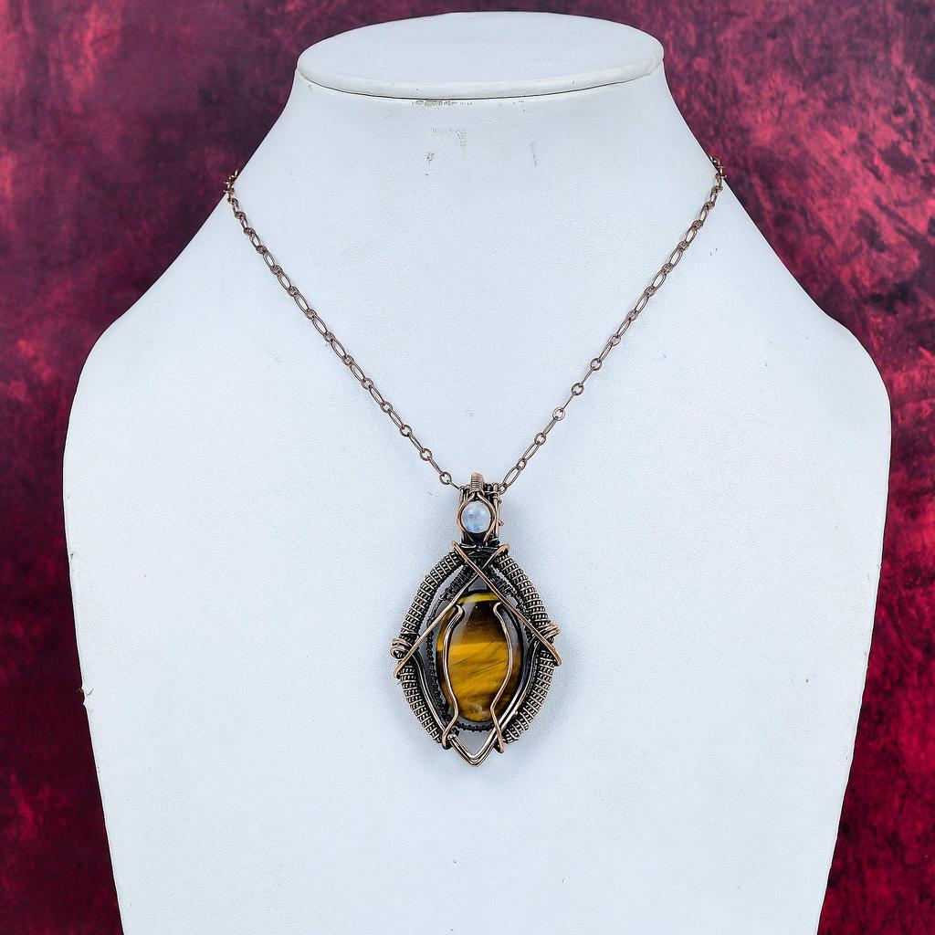Tiger's Eye Real Gemstone Pendant Copper Wire Wrapped  Rainbow Moonstone Jewelry