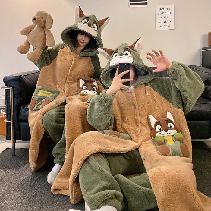 Winter Panda-Pyjama-Set für Paare: Korallfleece Damen Nachthemd & Herren Flanell Homewear