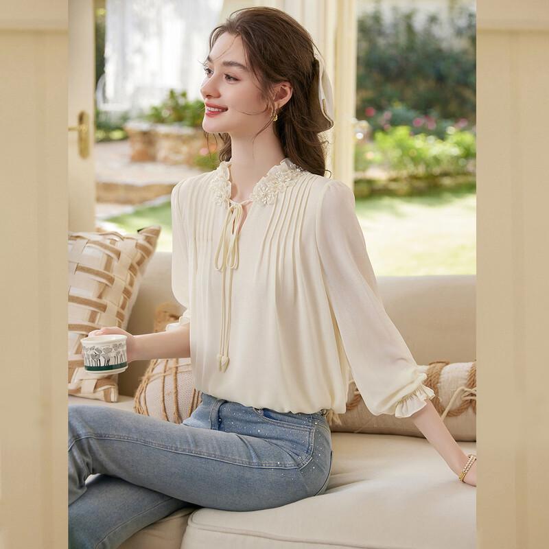Women's Elegant Lace Beaded Long Sleeve Blouse