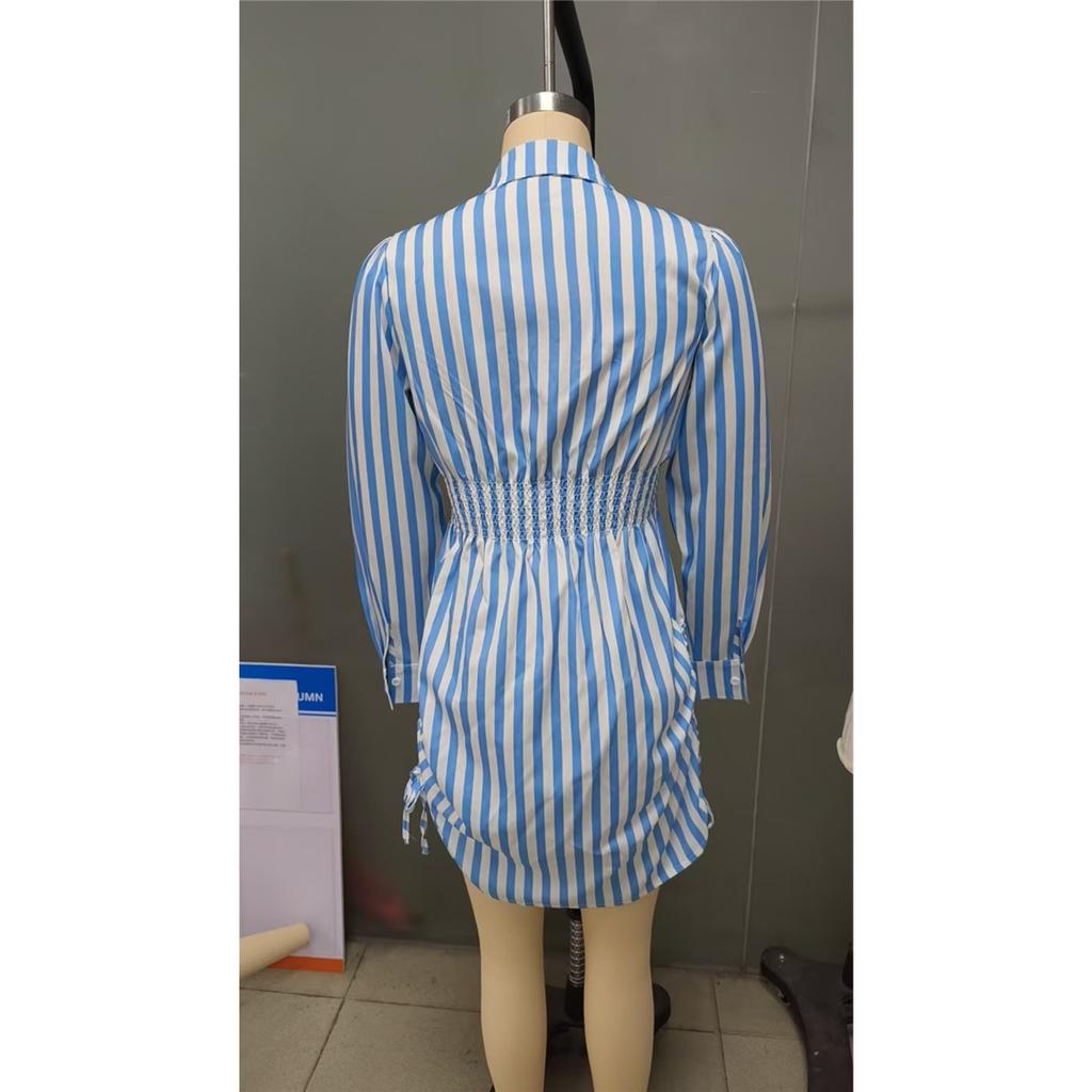 Women's long-sleeved POLO collar sexy side drawstring shirt dress