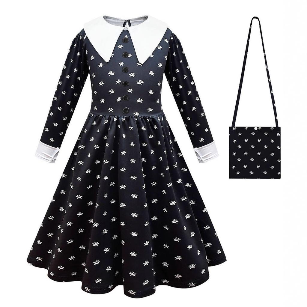 (Dress Bag and Wigs, 8-9 Years) 2023 Movie Wednesday Addams Dress For Girls, Halloween Wednesday Addams Costume Outfit, Kids Cosplay Fancy Dress Up