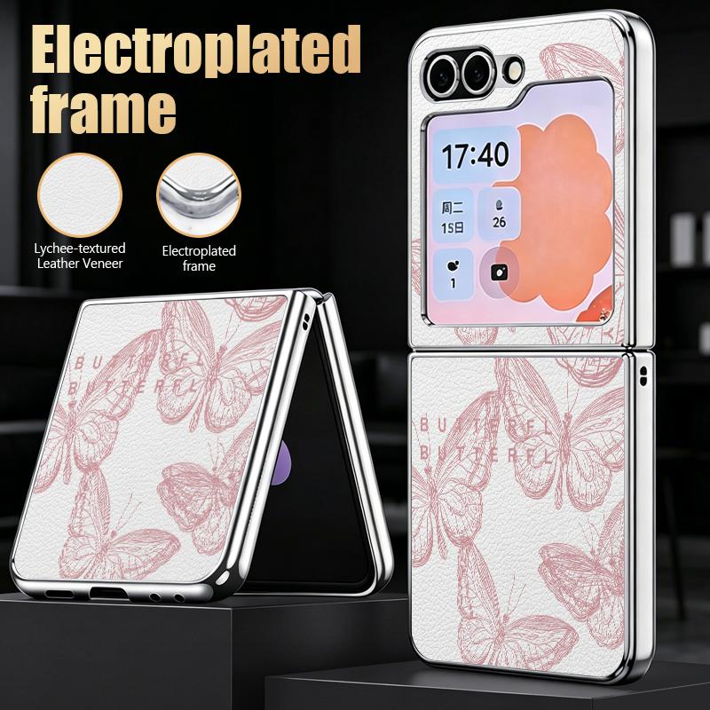 Line Butterfly Print Case For Samsung Z Flip 8 7 6 5 Luxury Plating Leather Skin Folding Phone Cover For Galaxy Z Flip8 Flip7 Flip6