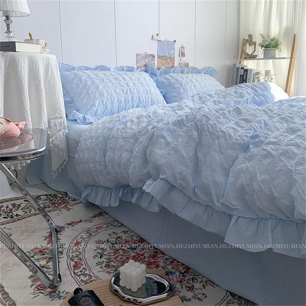 INS Girl Blue Bedding Sets Solid Color Seersucker Ruffles Lace  Kawaii Soft Sheet Woman Duvet Cover Pillow Covers Quilt Cover